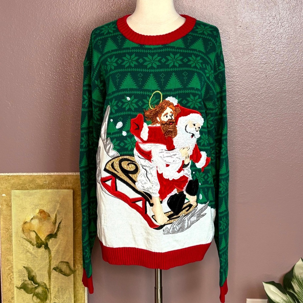 Ugly Christmas Sweater Jesus Riding Santa Claus Funny Holiday Knit‎ - XL
